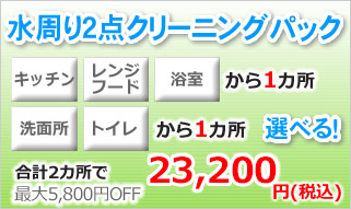 水周り2点クリーニングパック（キッチン、レンジフード、浴室から1か所と、トイレまたは洗面所）