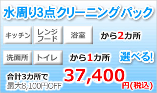 水周り3点クリーニングパック（キッチン、レンジフード、浴室から2か所と、トイレまたは洗面所）