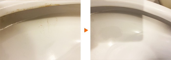 トイレの便器縁の尿石の除去例